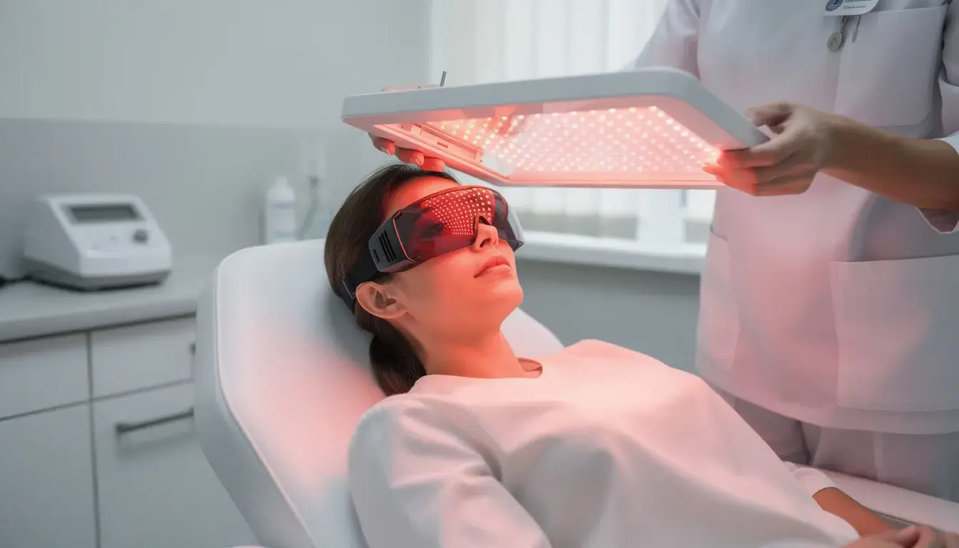 The image depicts a patient in a clinical setting undergoing photodynamic therapy, with protective eyewear on and an LED light panel directed at their facial skin. This light treatment is used to target and kill abnormal cells associated with skin cancer and precancerous lesions, promoting healthy tissue regeneration.